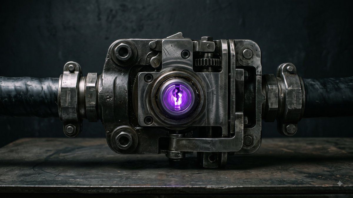 A heavy steel gate mechanism spliced into a run of black cable, a keyed cylinder at its center glowing violet