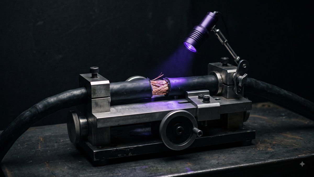 A black cable clamped in a steel inspection jig, its sleeve peeled open under a focused violet inspection lamp
