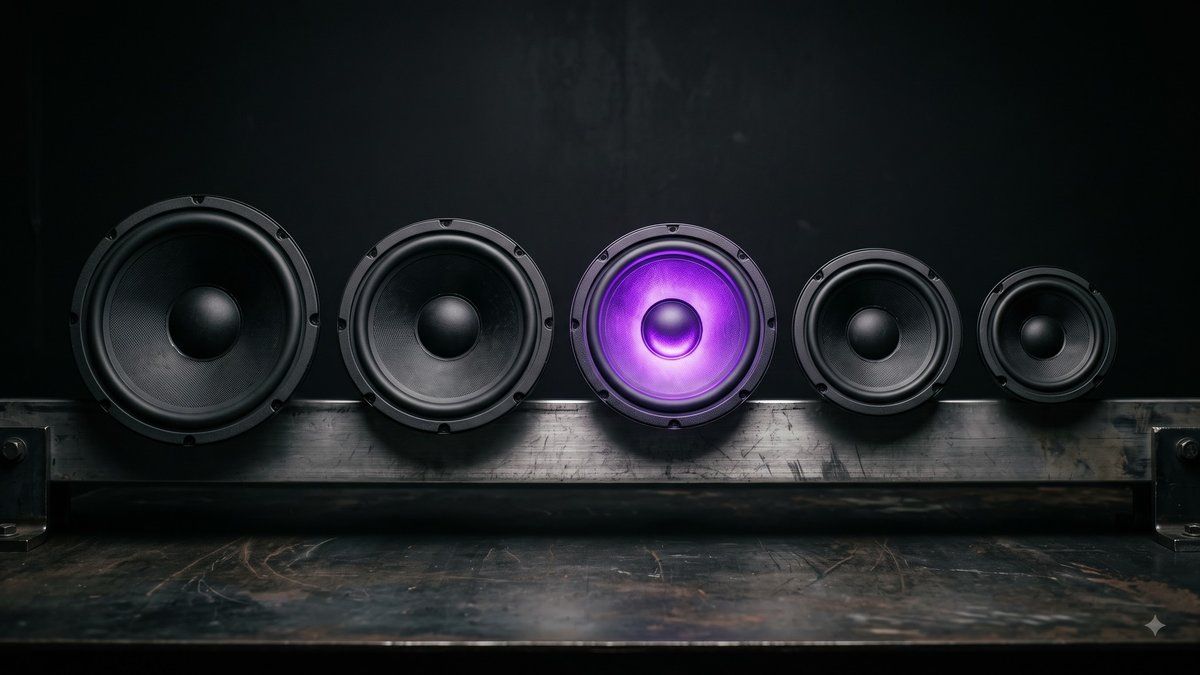 Five black loudspeaker cones of graded sizes in a row on a steel rail, one mid-sized cone glowing violet
