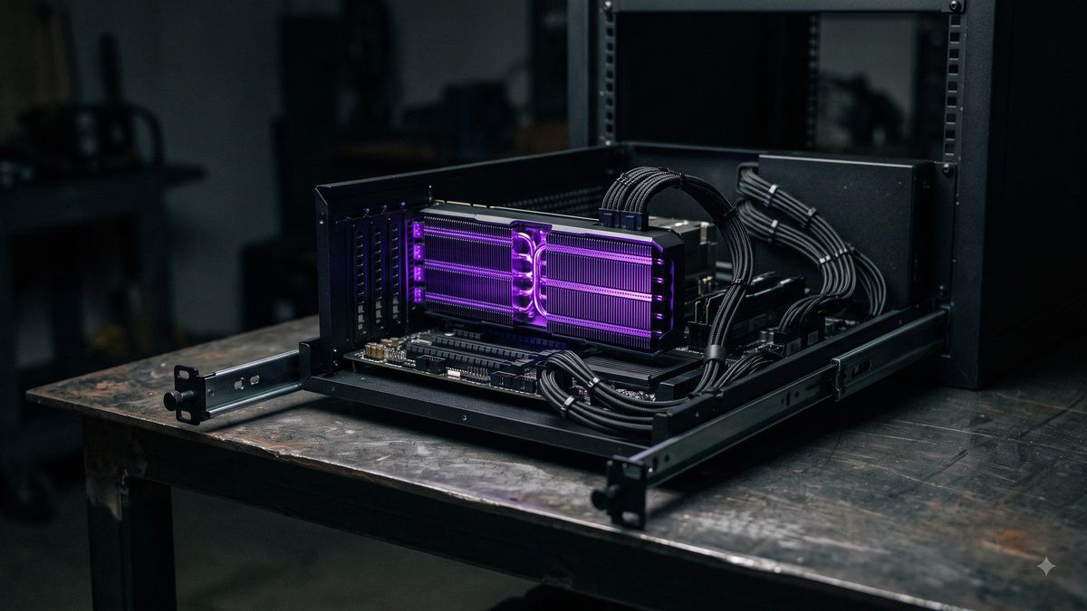 An open black server sled on a steel bench with one accelerator card glowing violet through its heatsink fins