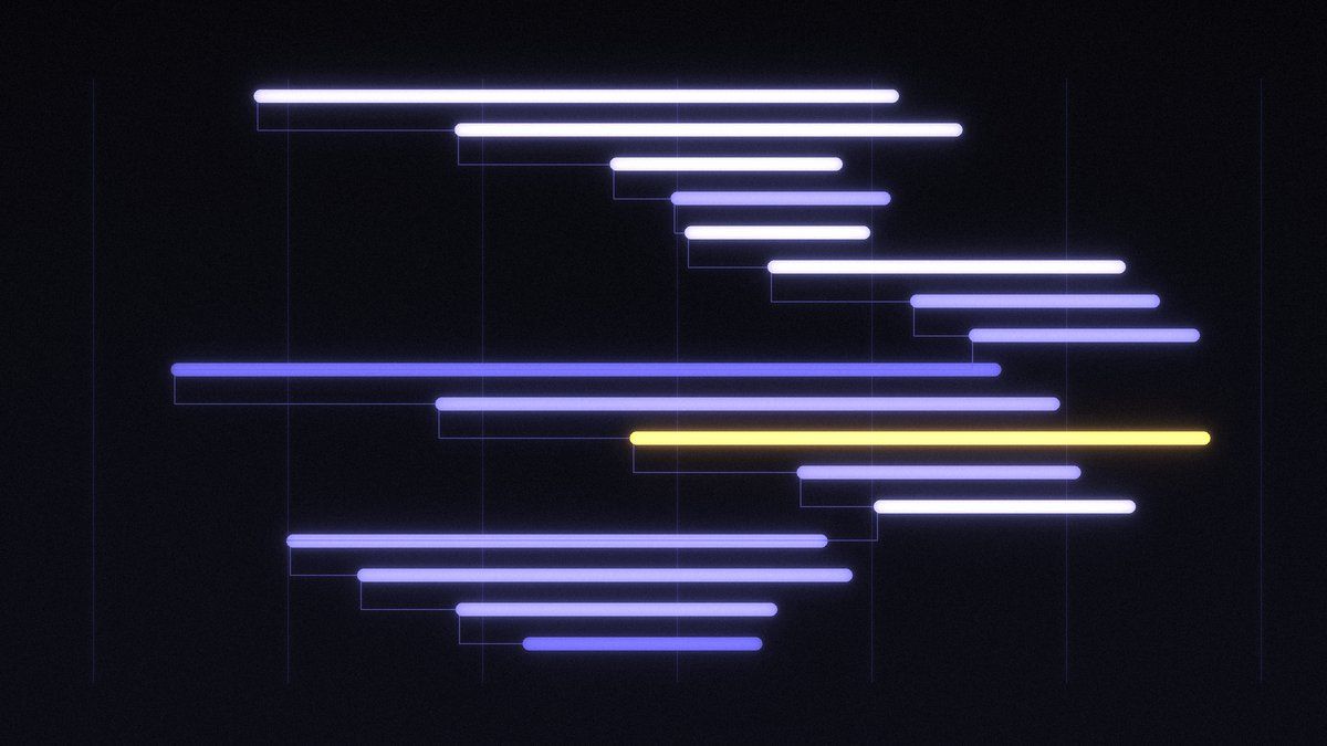 Distributed OpenTelemetry trace waterfall of a Node.js request, violet spans on black with one slow span highlighted in amber